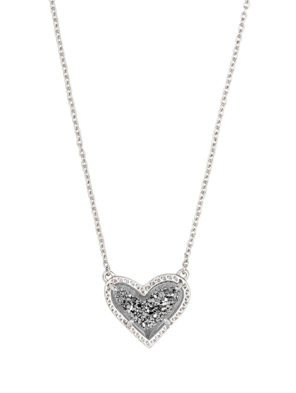 Kendra Scott Ari Heart Silver Pendant Necklace in Platinum Drusy New